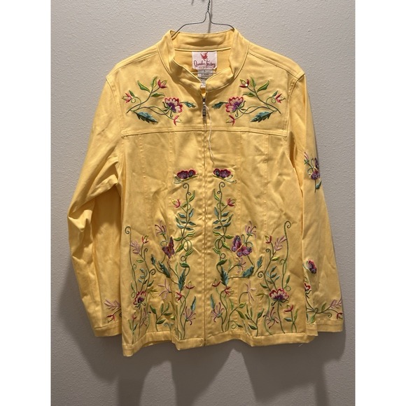 Quacker Factory Jackets & Blazers - Quaker Factory Womens Yellow Embroidered‎ Zip-Up Jacket Butterfly Flowers Boho L